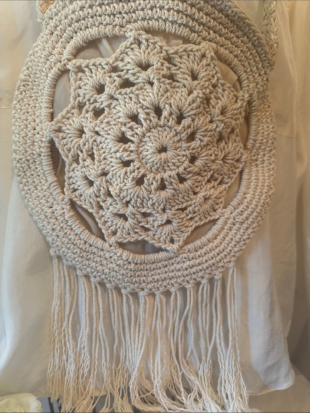 Handcrafted Cream Crochet Round Fringe Crossbody Bag 10” Diameter. - Picture 4 of 5